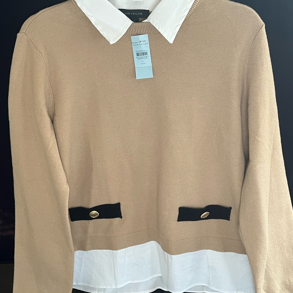 Ann Taylor Tan Sweater with White Collar and Black Accents